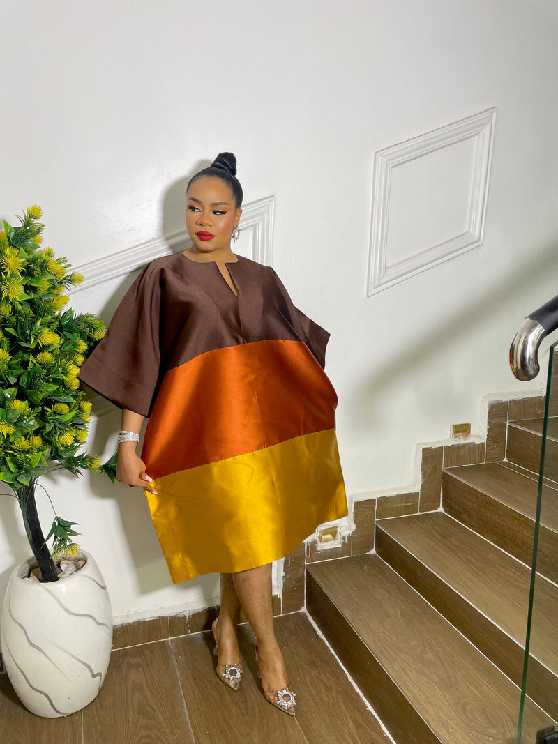 HUE COLOR BLOCK DRESS (BROWN)