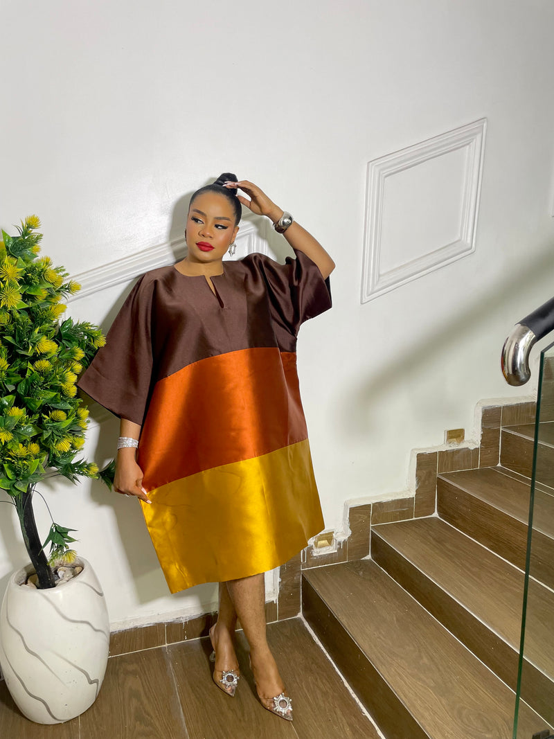 HUE COLOR BLOCK DRESS (BROWN)