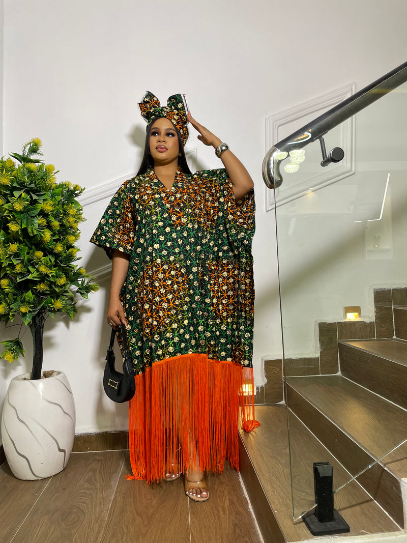 Radiant  Ankara Fringe Dress (Green|Orange)