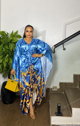 RUCHED SILK KAFTAN ( BLUE)