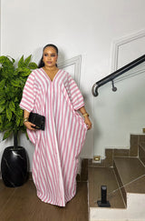 SANTORINI STRIPED LINEN DRESS (PINK)