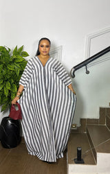 SANTORINI STRIPED LINEN DRESS (GRAY)