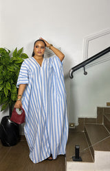 SANTORINI STRIPED LINEN DRESS (BLUE)